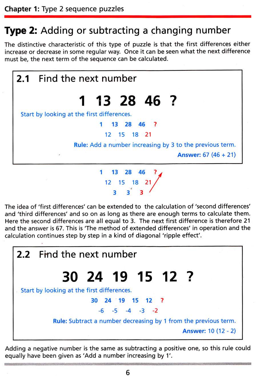 This page explains how to solve Type 2 sequence puzzles by calculating first and second differences to find the next number