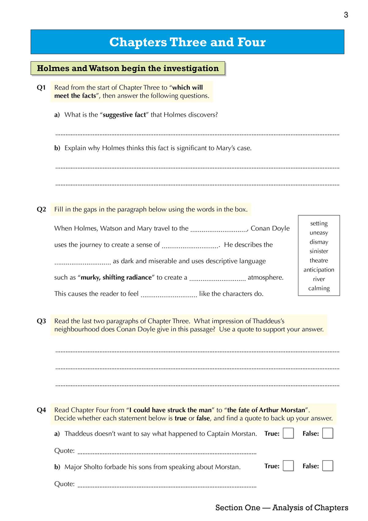 Students answer four questions on Chapters Three and Four, including writing, filling gaps, and true/false statements