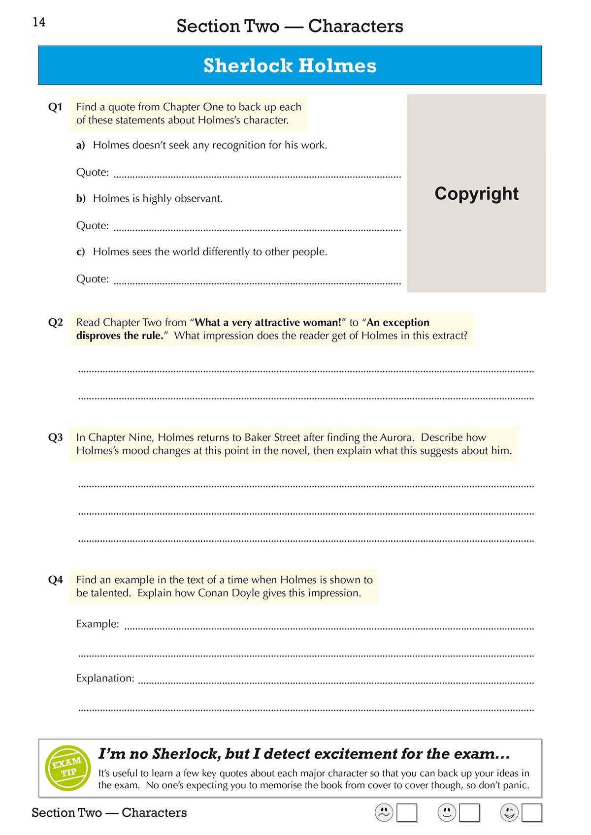 Four questions ask students to find quotes, describe impressions and explain mood changes to support their analysis of Holmes