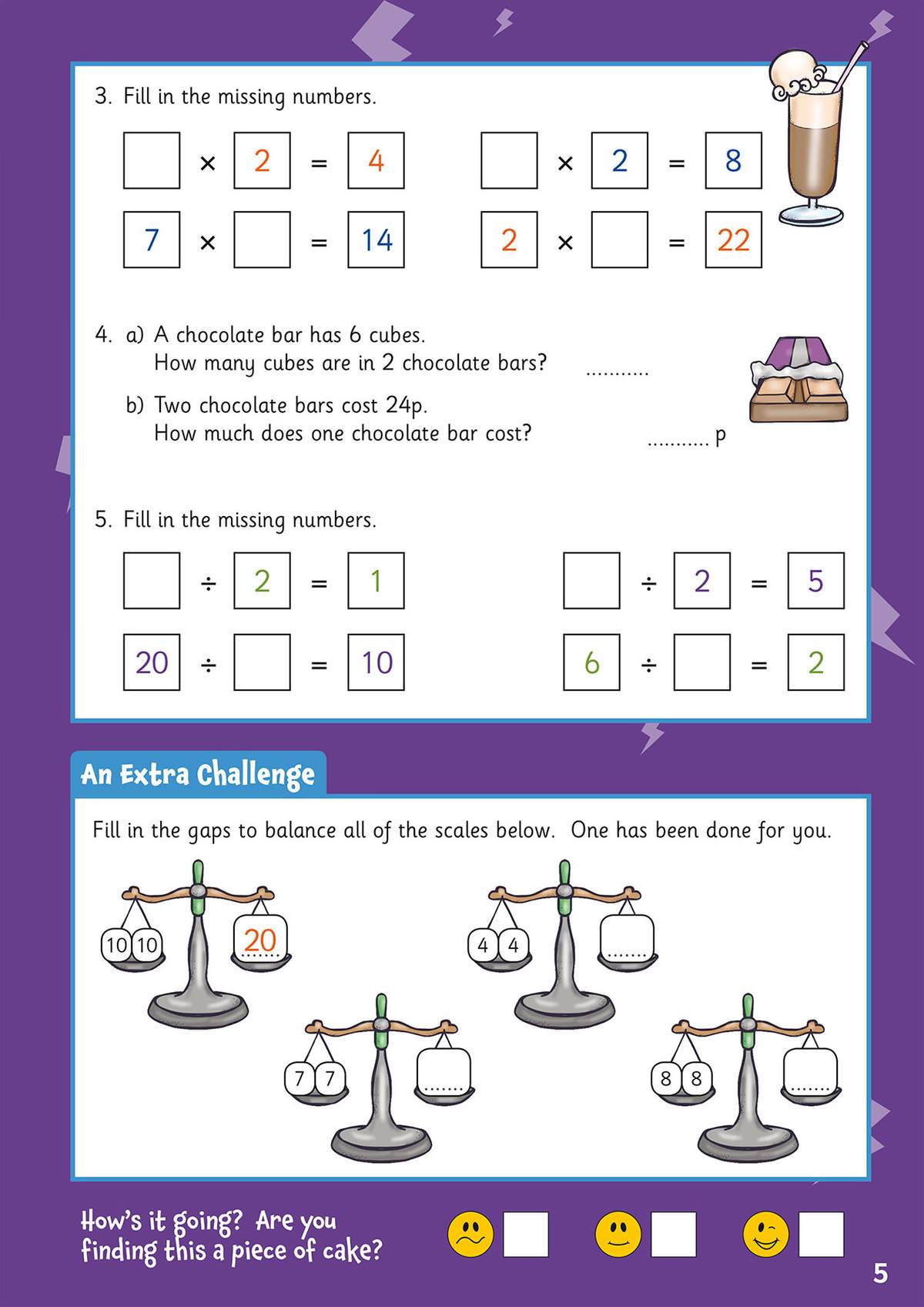 Children fill in missing numbers in multiplication and division sums, then balance scales to find the missing weight