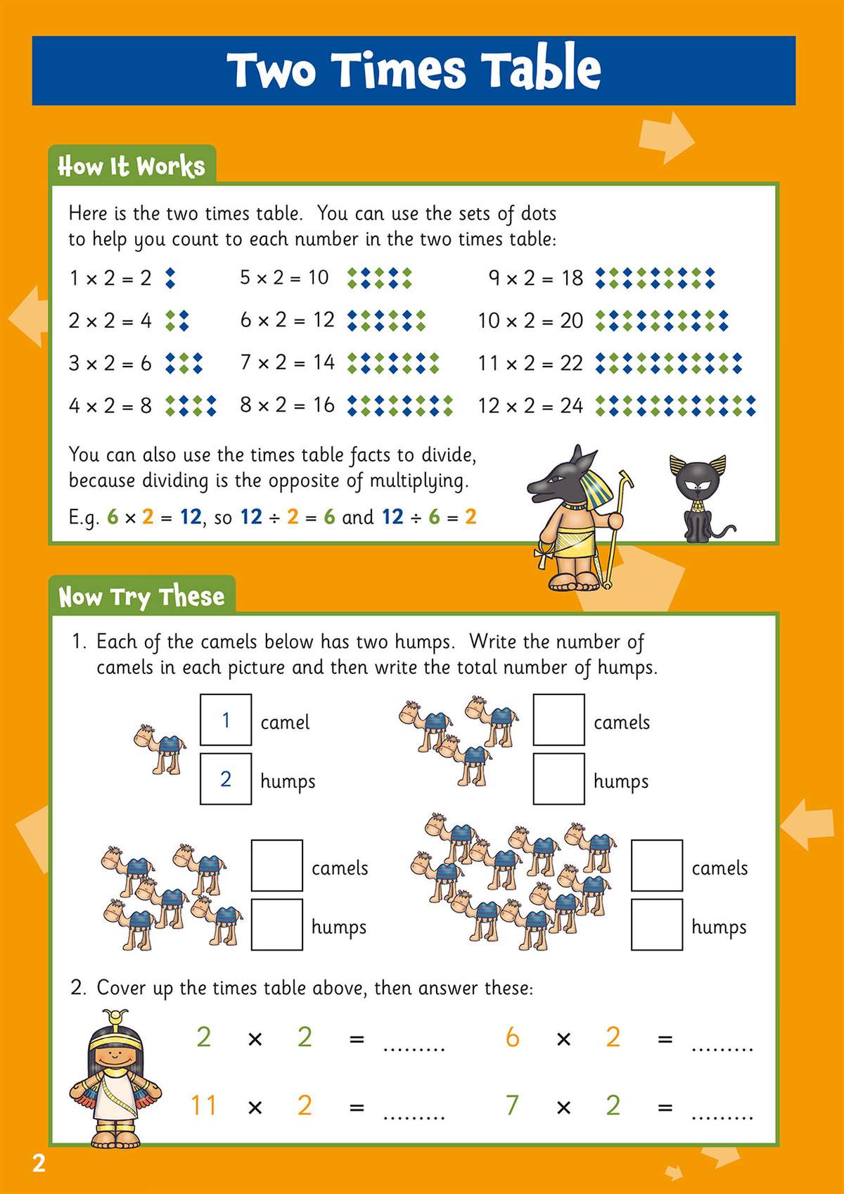 Children count camels to find totals, then complete four multiplication sums to practise the two times table