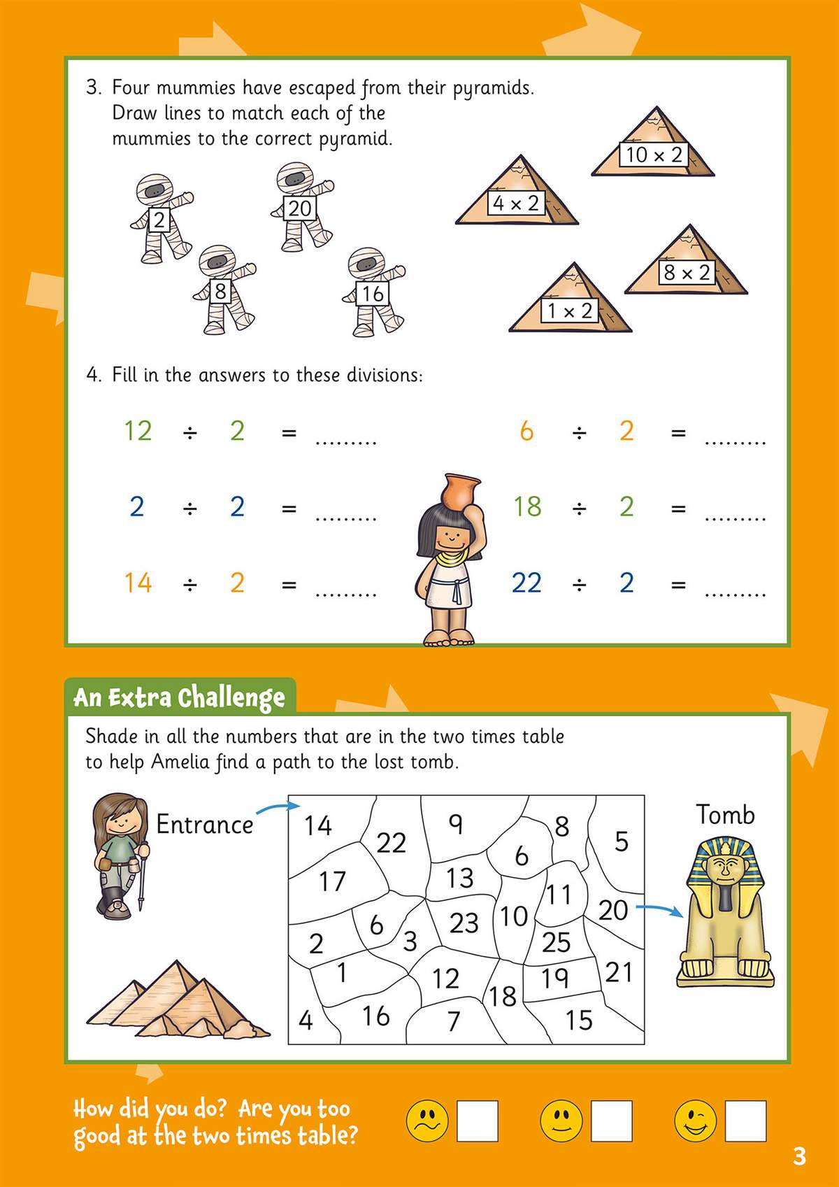 Children match mummies to multiplication pyramids, solve division sums, and shade a number path to a tomb