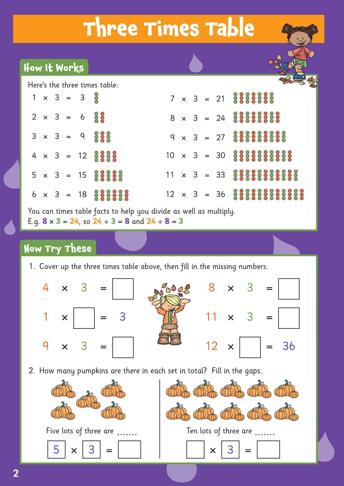 Children fill in missing numbers in the three times table and solve pumpkin multiplication problems
