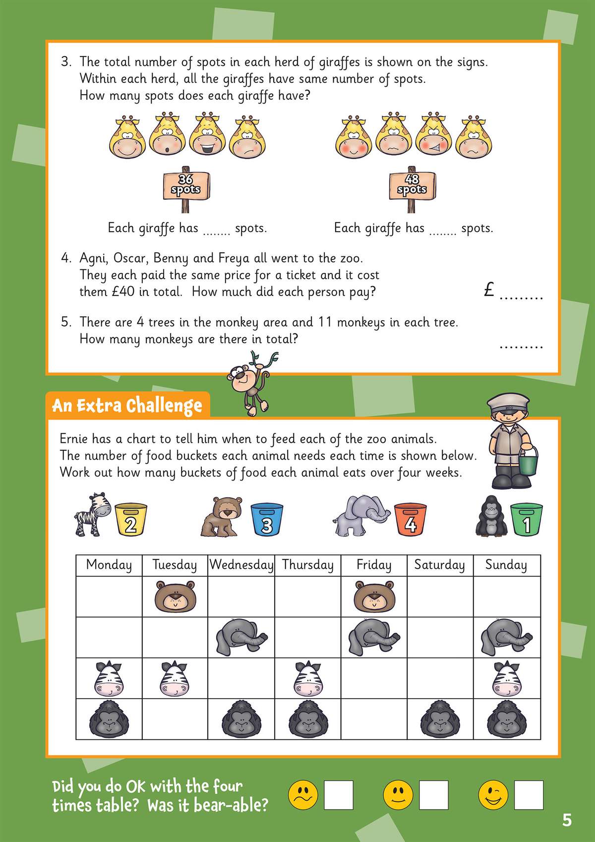 Children solve multiplication problems about giraffes and zoo tickets, then calculate food buckets for animals over four