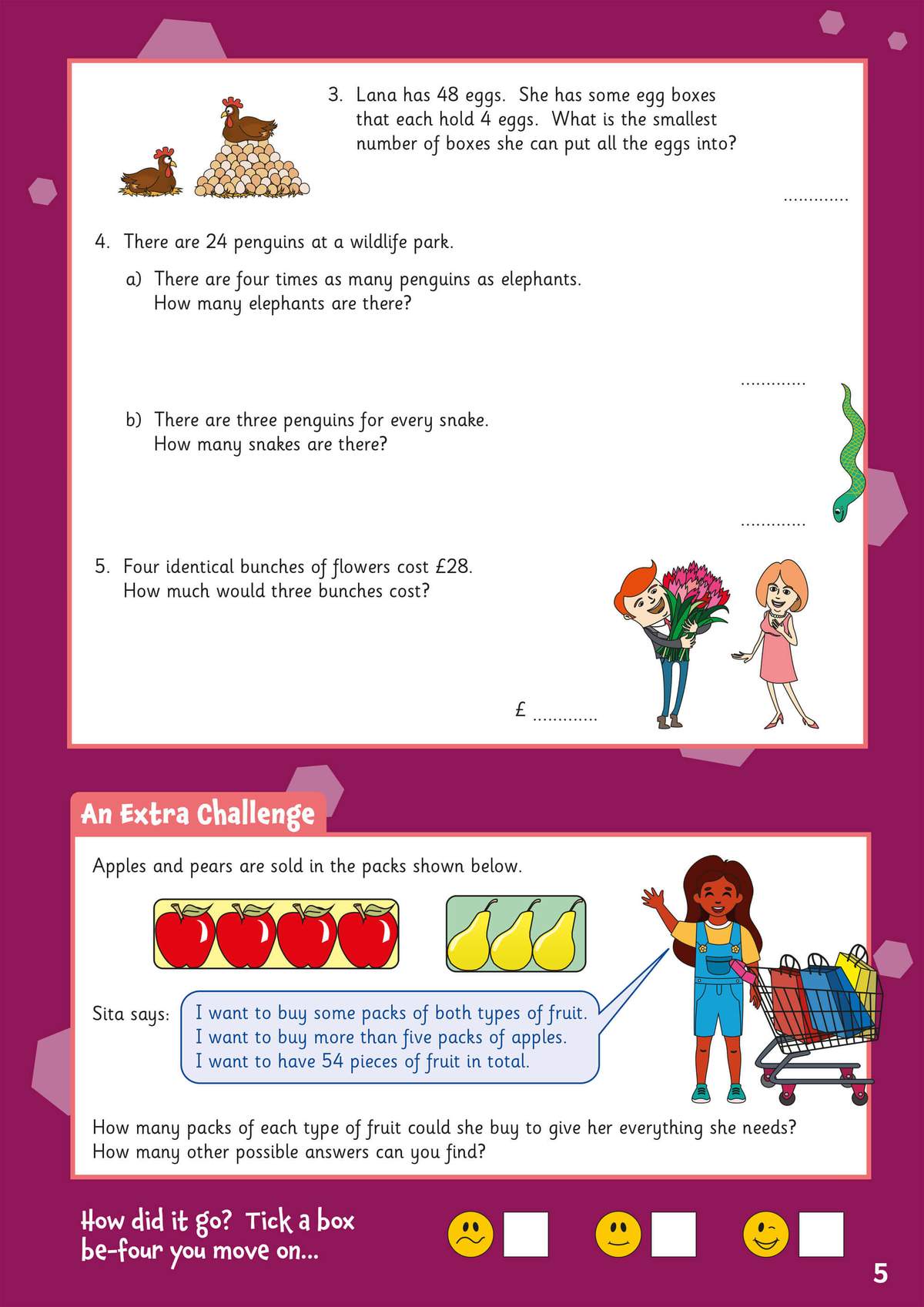 Children solve four word problems involving eggs, penguins and flowers, plus a fruit-buying challenge