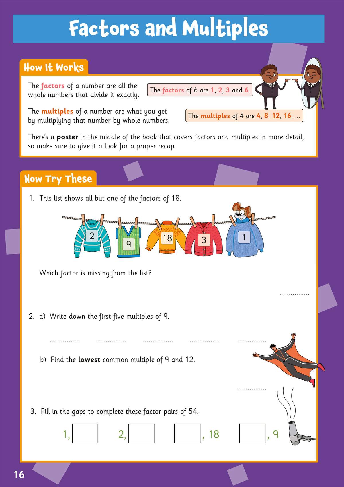 Children identify missing factors of 18, write multiples of 9, and complete factor pairs of 54 using boxes and lines
