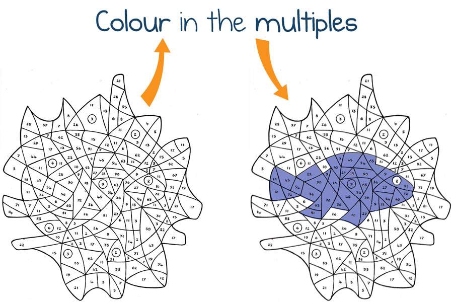 Children colour sections of a star shape that contain multiples of numbers 2 to 9