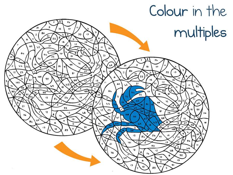 Children colour in all the multiples of 7 within a complex number maze to reveal a hidden crab