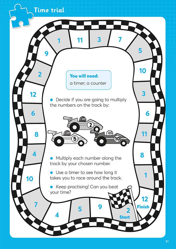 A timed multiplication race where children multiply numbers on a track and beat their own time
