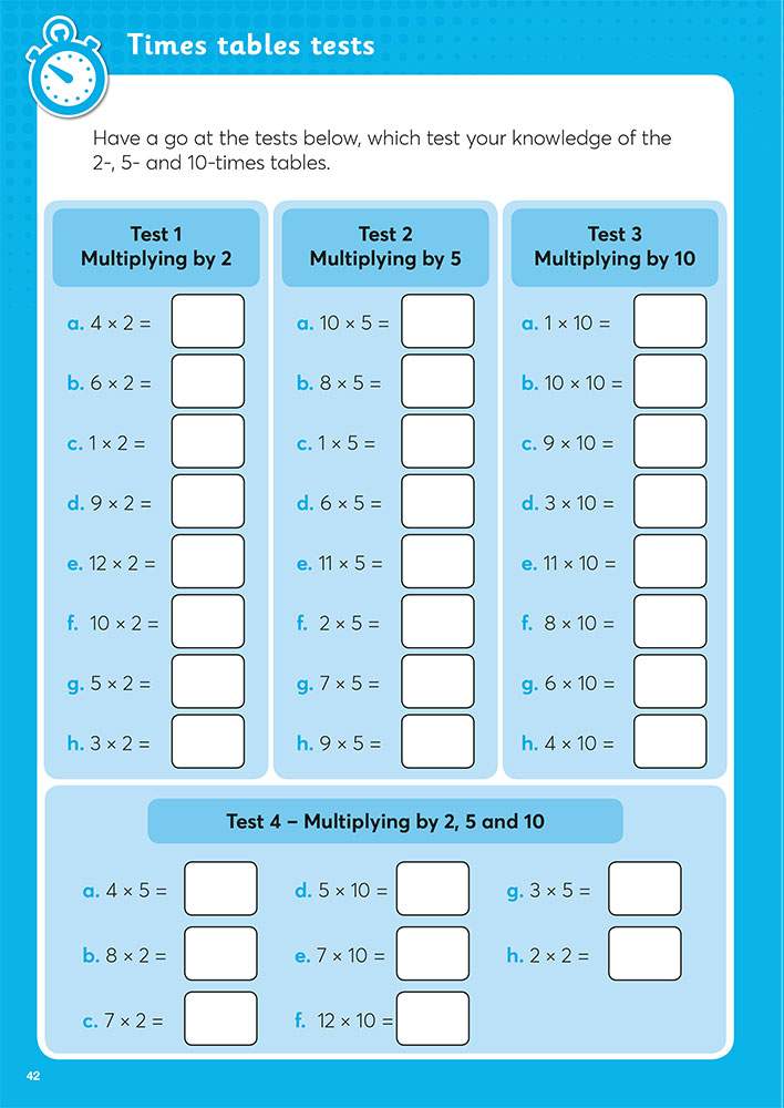 Four short tests on the 2, 5 and 10 times tables, with boxes to write answers in
