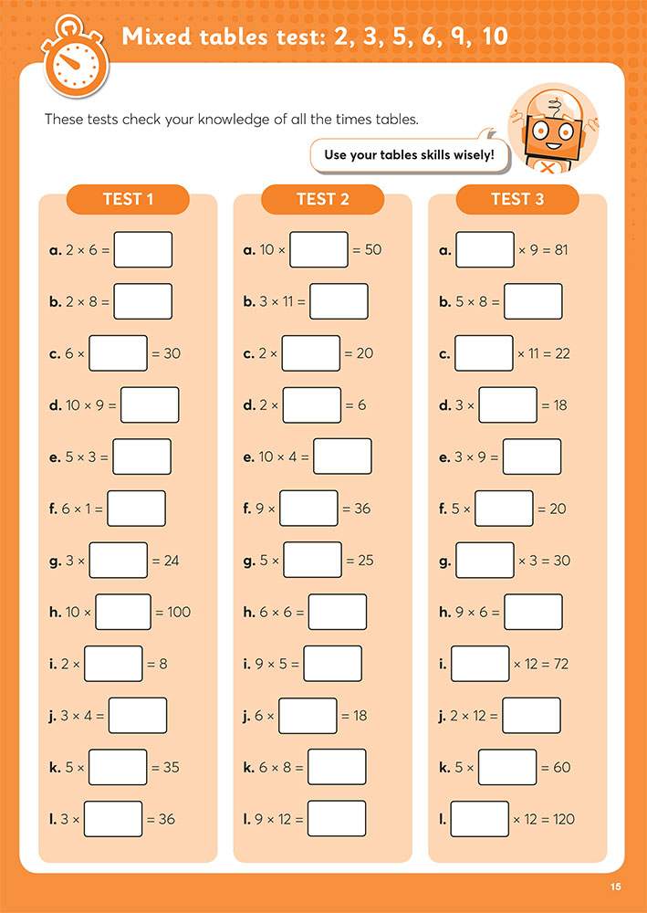 Three timed tests with 30 questions each, where children fill in missing numbers to master multiplication facts