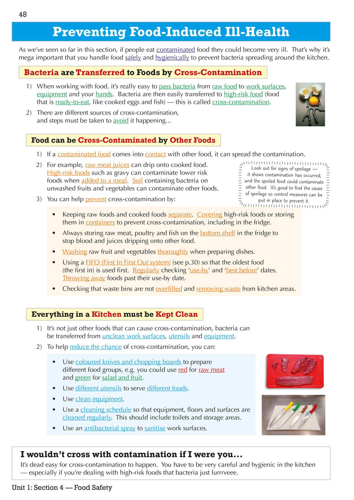 A text-heavy page explaining how bacteria spread in kitchens, with tips on preventing cross-contamination and keeping