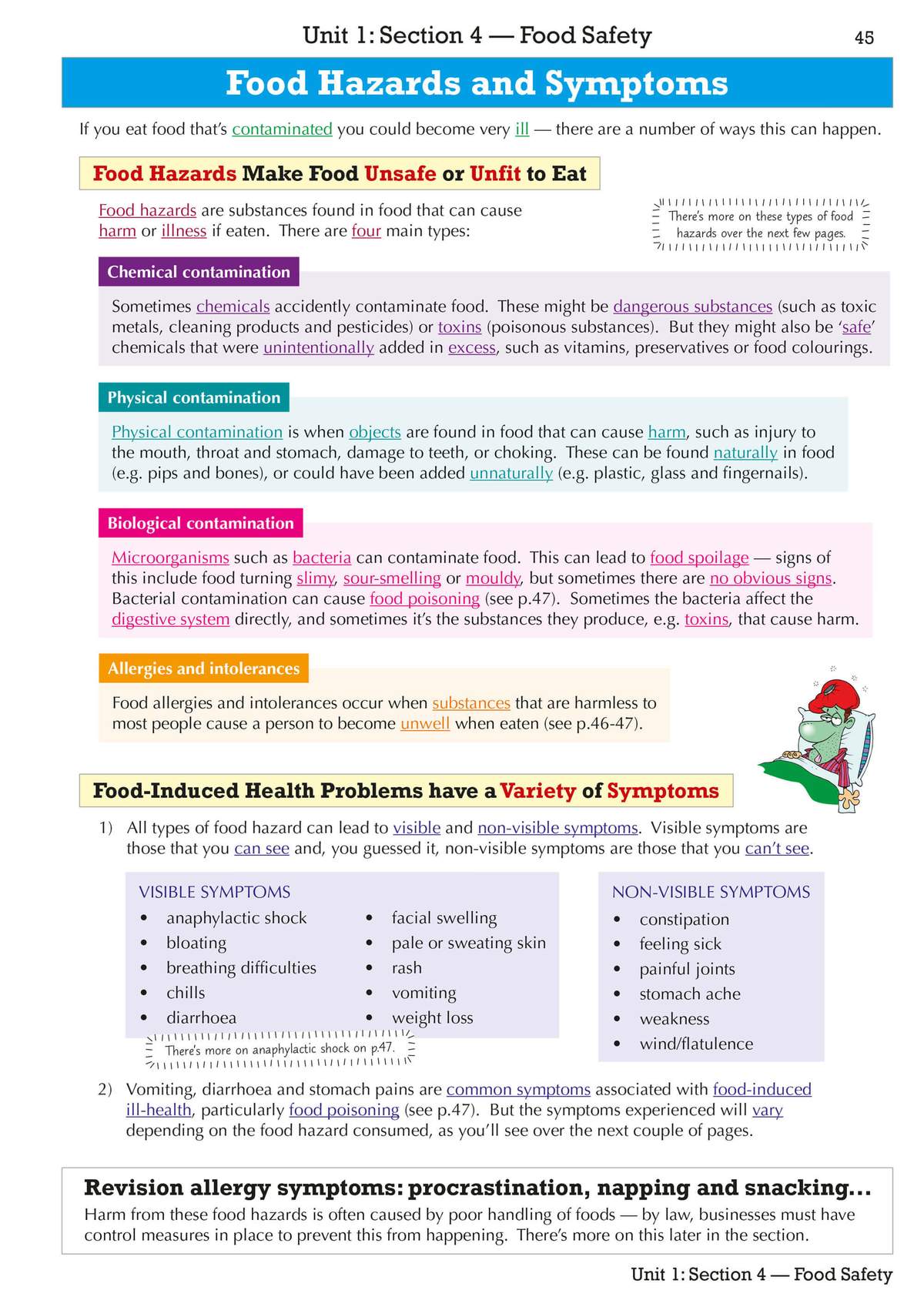A revision page explaining chemical, physical and biological contamination, with lists of visible and non-visible symptoms
