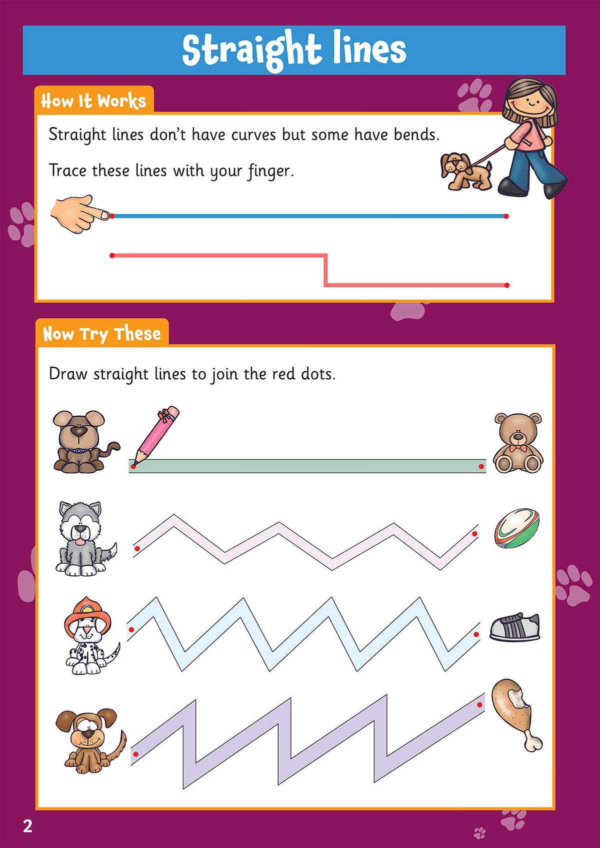 Children trace straight lines with their finger, then draw straight lines to join red dots between cartoon animals