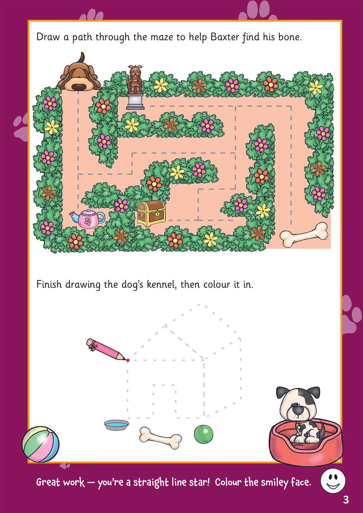 Children draw a path through a maze for a dog, then complete and colour a kennel outline