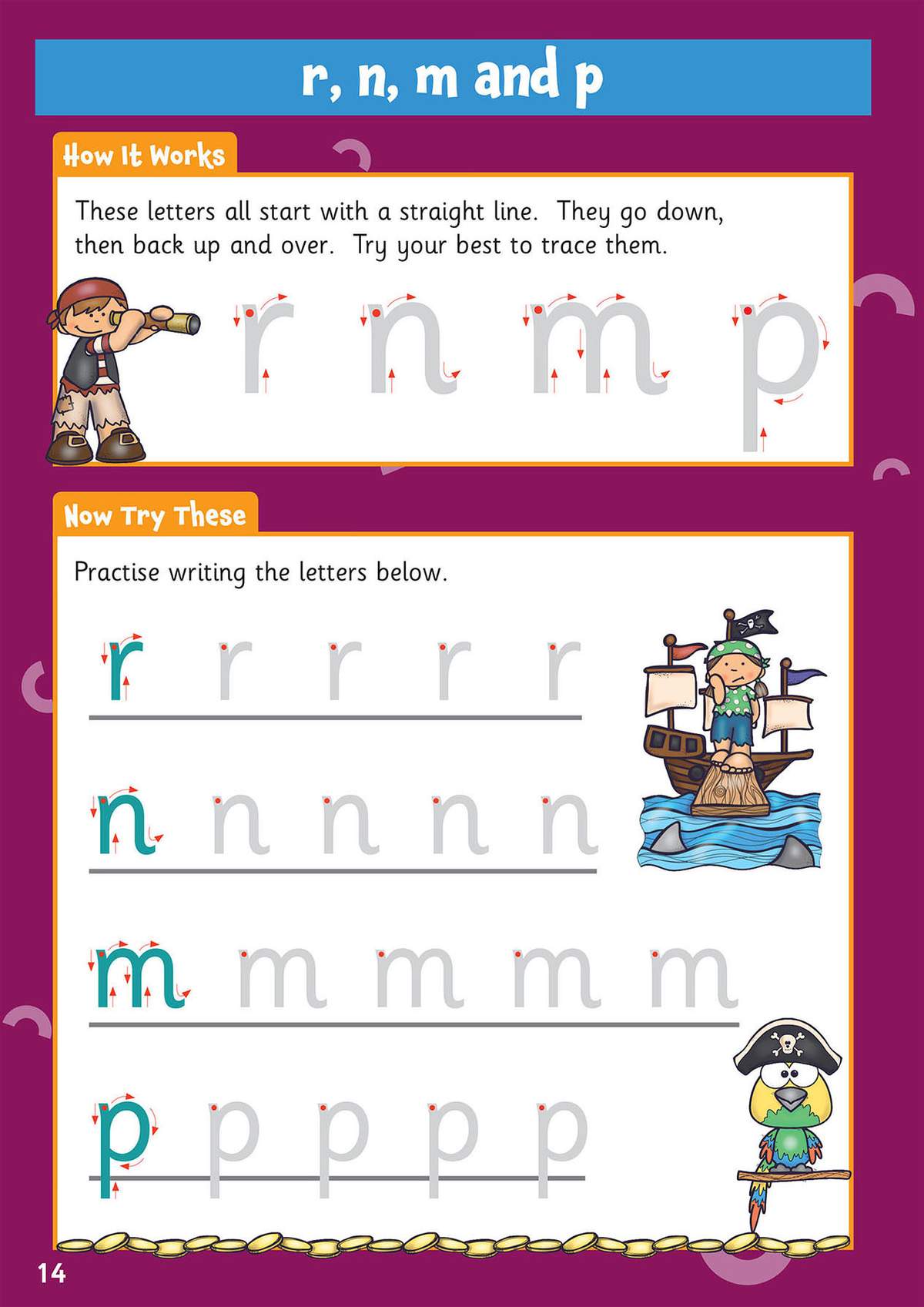 Children trace and write lowercase letters r, n, m and p, with pirate-themed illustrations to keep them engaged