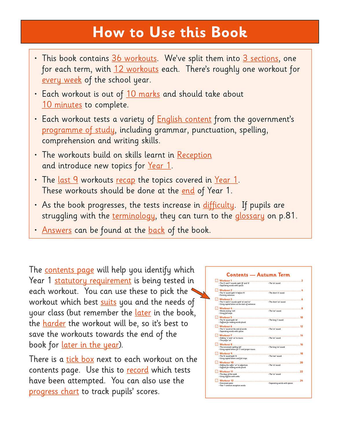 Instructions explain how to use the 36 weekly English workouts, including timing, marking and tracking progress