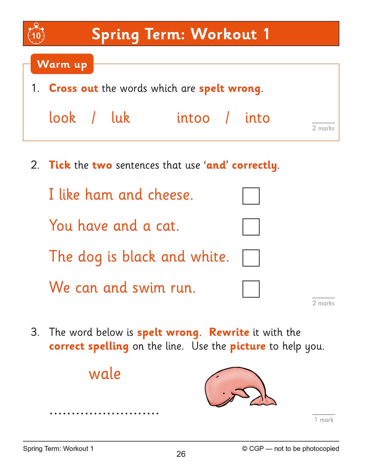 Children cross out misspelled words, tick correct sentences, and rewrite a word using a picture clue