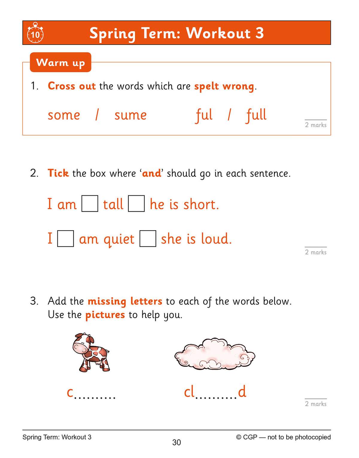Children cross out misspelled words, tick boxes to join sentences, and add missing letters to spell words from pictures