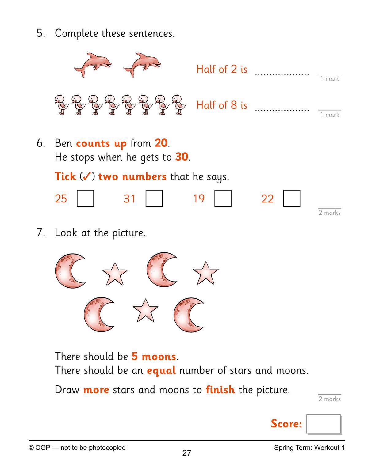 Children halve small numbers using pictures, tick numbers in a sequence, and draw stars and moons to match a pattern
