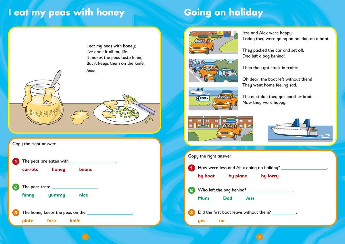 Two short texts with pictures, followed by multiple-choice questions to check understanding