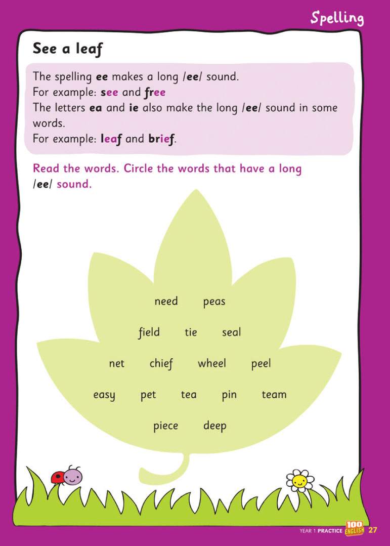 Children circle words with the long /ee/ sound inside a large leaf illustration