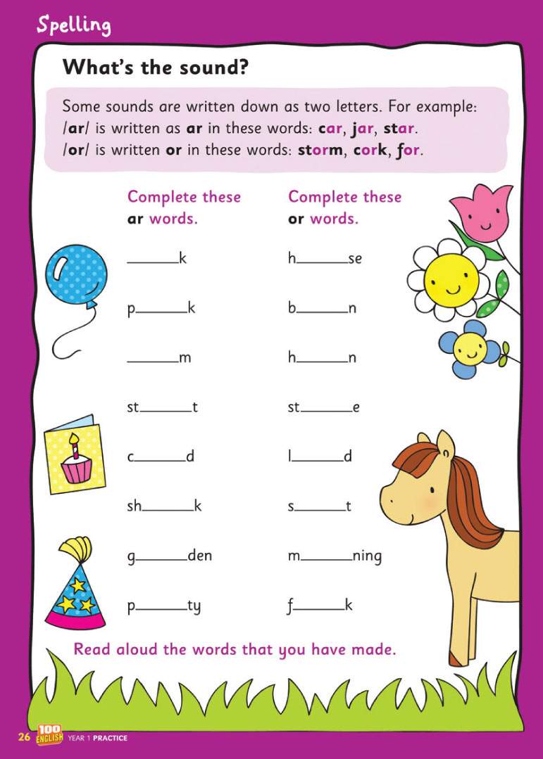 Children complete words with 'ar' and 'or' sounds, then read them aloud to practise spelling