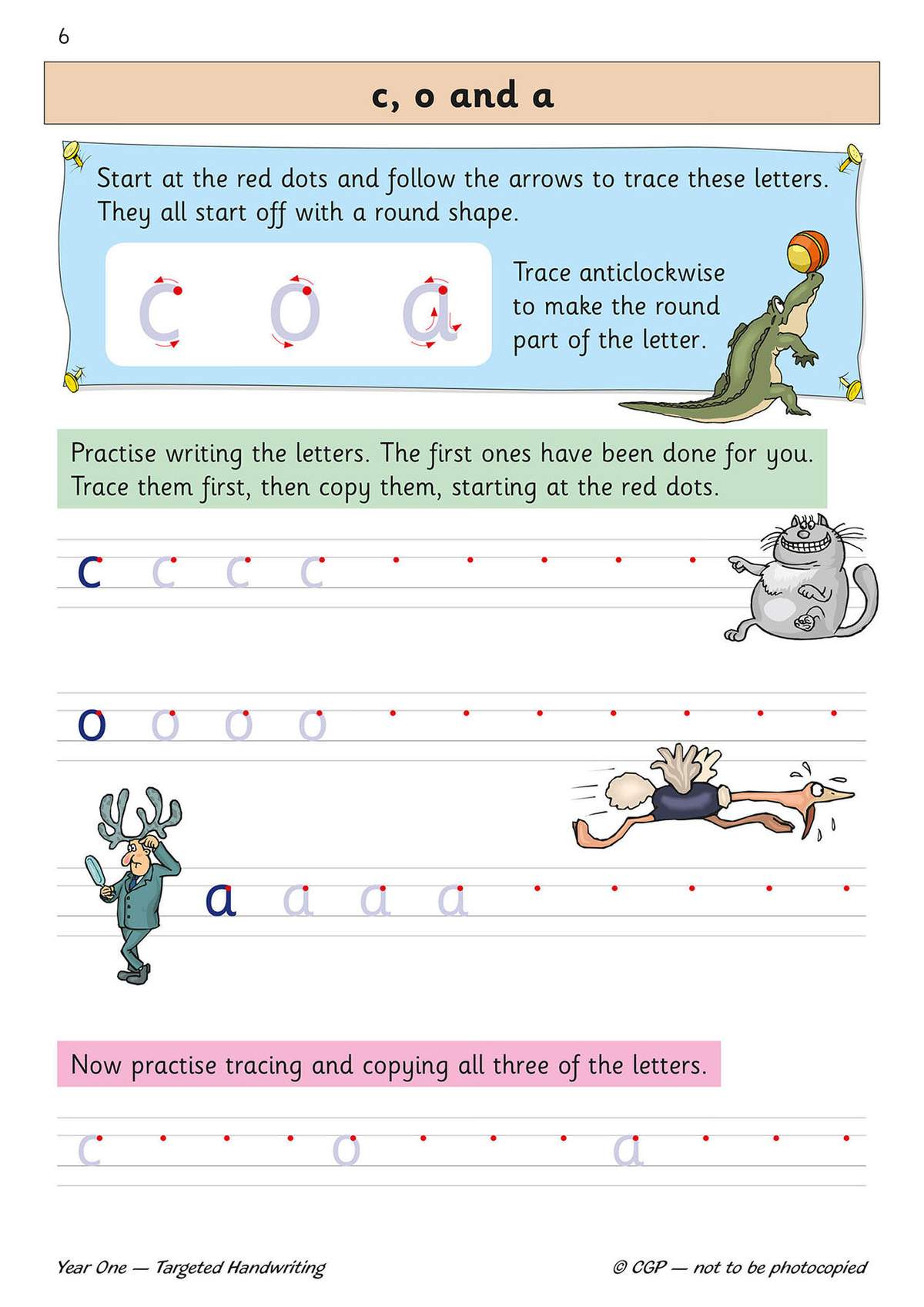 Children trace and copy the letters c, o and a, following arrows and red dots to practise neat handwriting