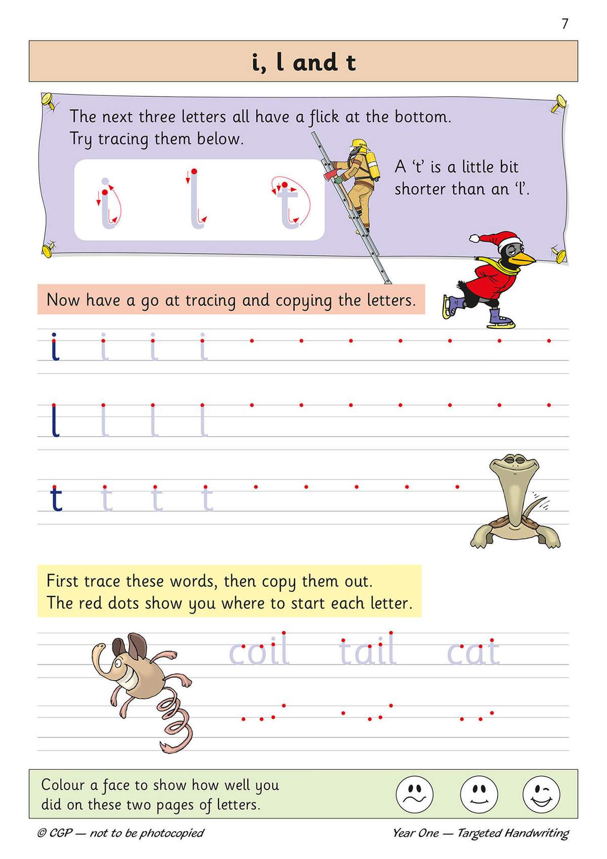 Children trace and copy the letters i, l and t, then write words like coil, tail and cat