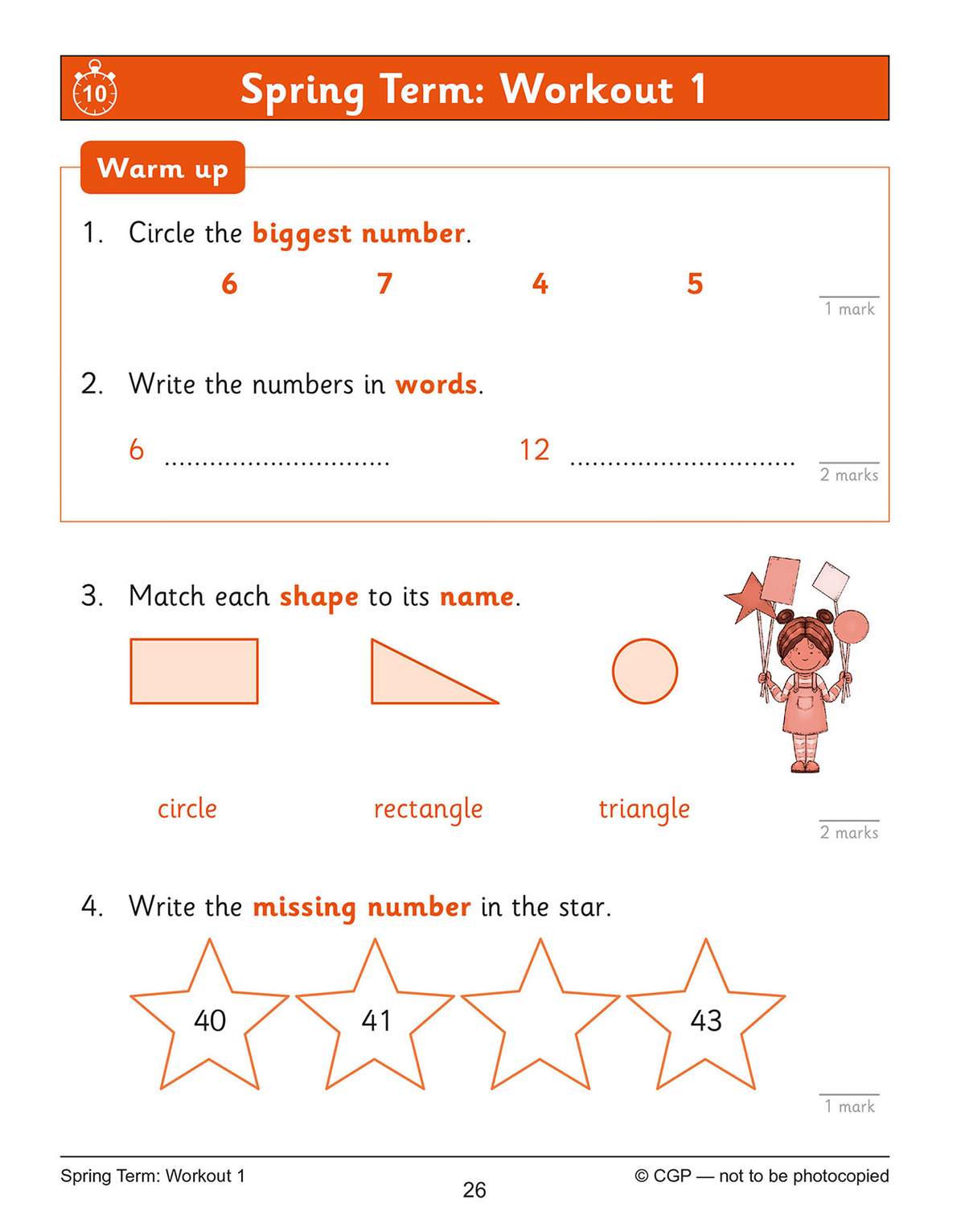 Children circle the biggest number, write numbers in words, match shapes to names, and find a missing number in a sequence