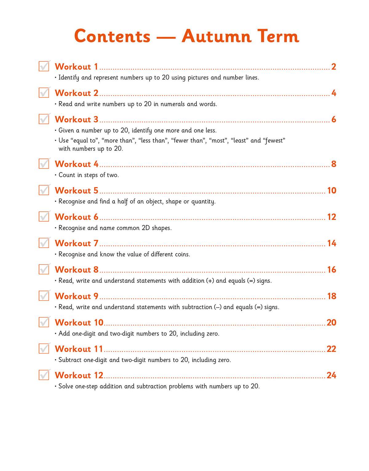 A contents page listing 12 weekly maths workouts covering numbers, shapes, coins and addition and subtraction
