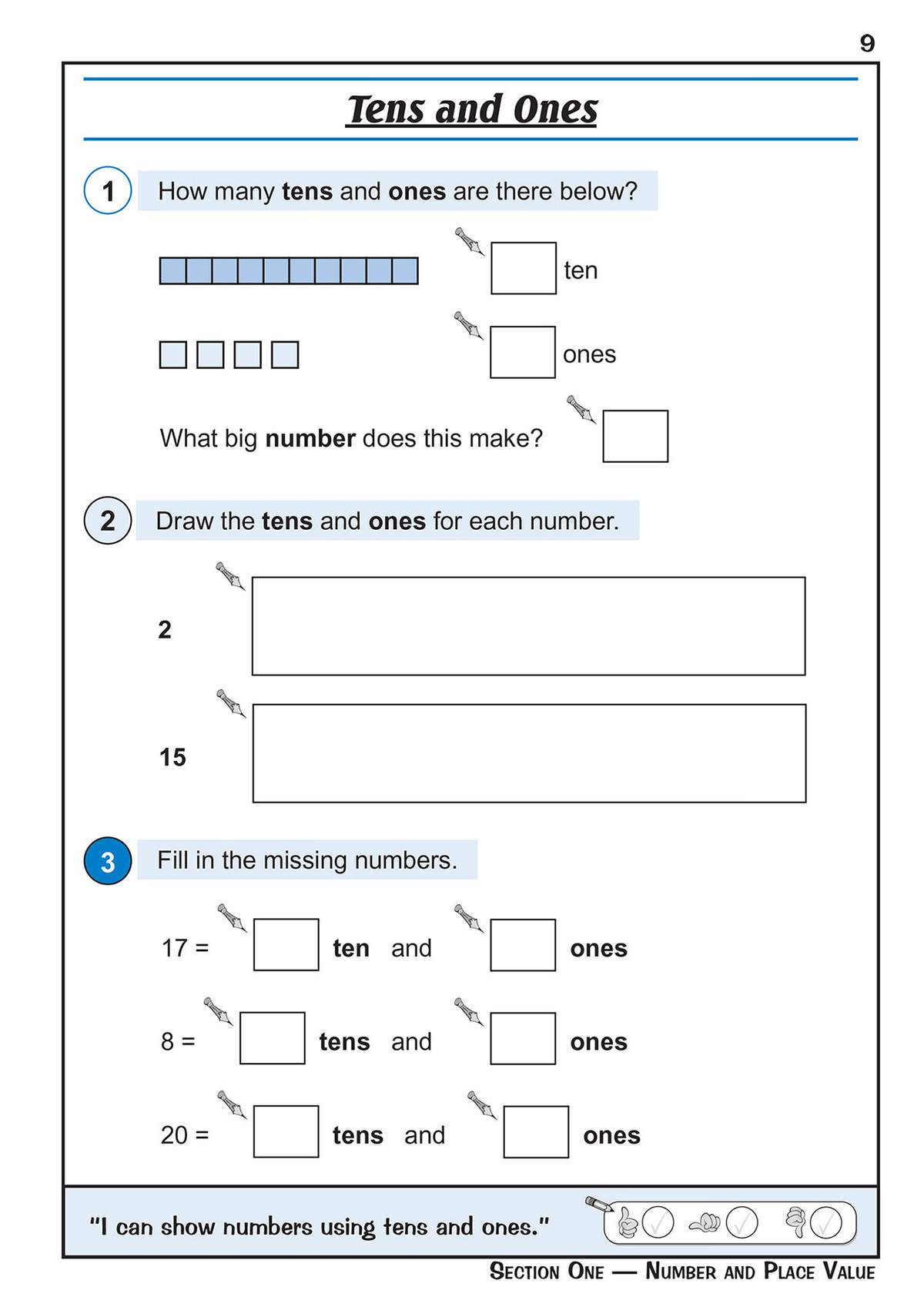 Children count blocks to find tens and ones, draw representations for numbers, and fill in missing digits for place value
