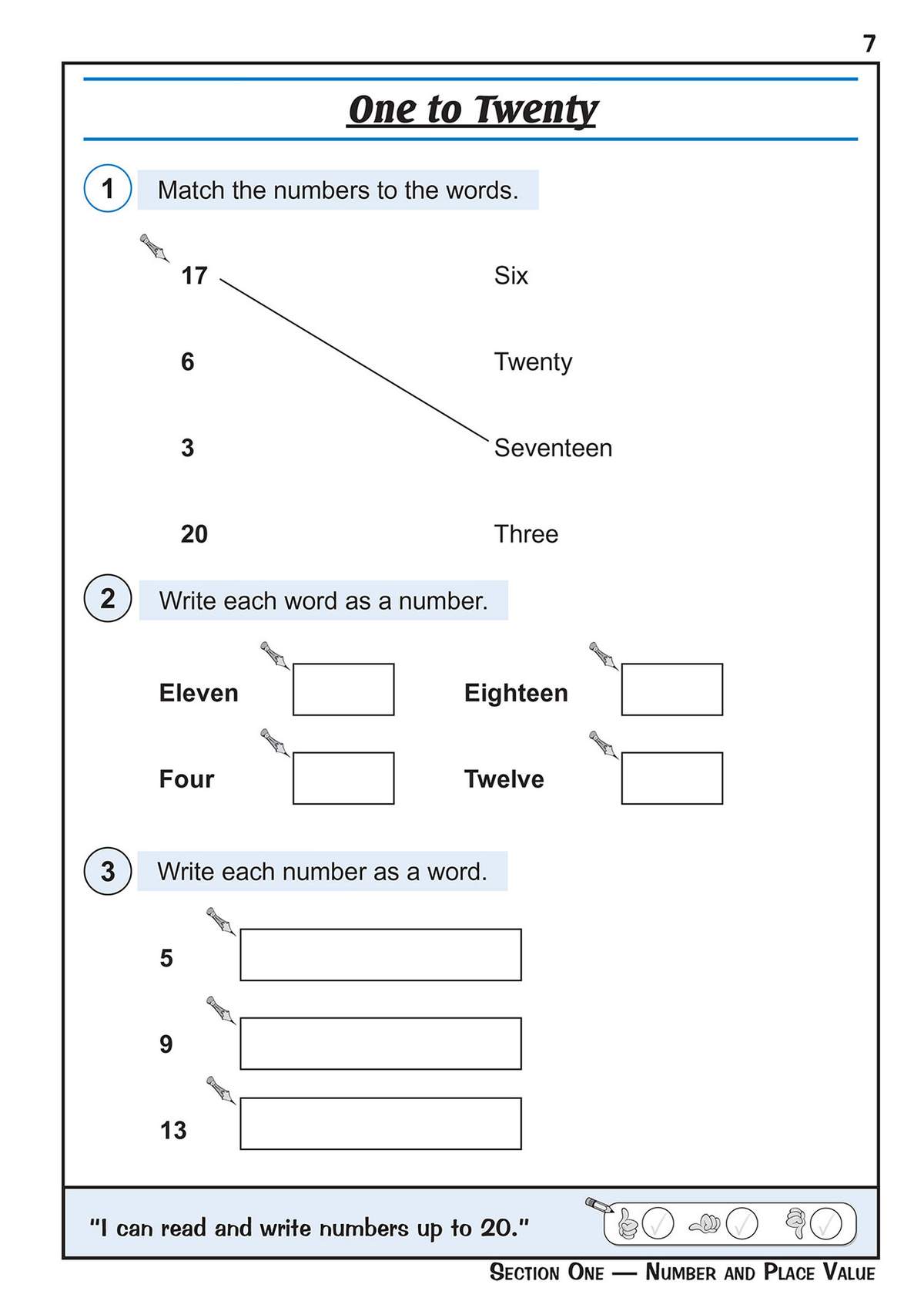 Children match numbers to words, write numbers from words, and write words from numbers up to 20