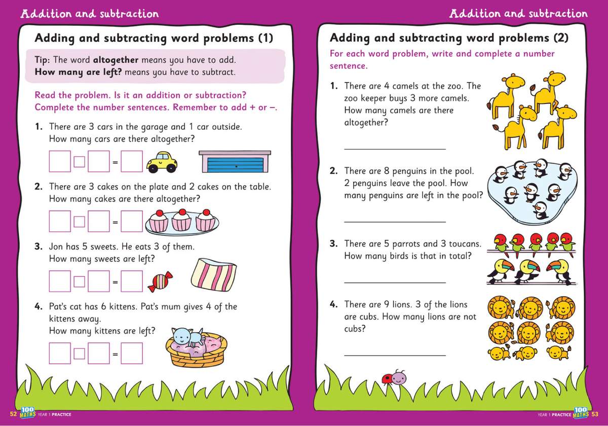 Children read four word problems about cars, cakes, sweets and kittens, then complete number sentences to find the answers