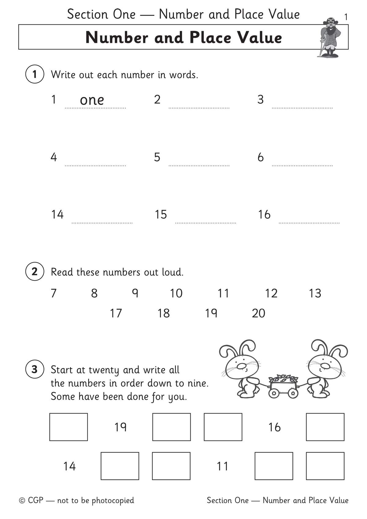 Children write numbers in words, read them aloud, and fill in missing numbers in a sequence from twenty down to nine