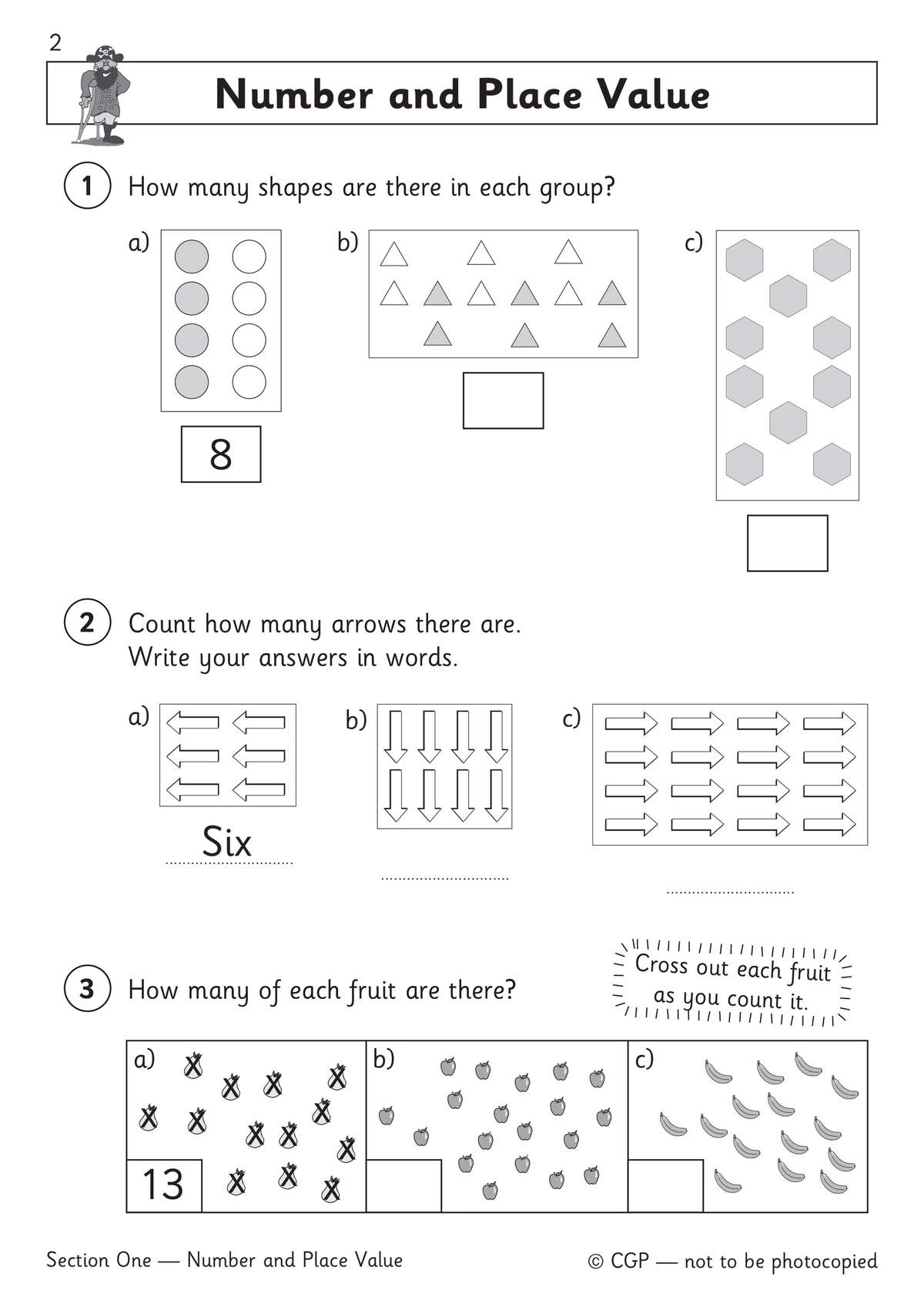 Children count shapes and arrows, write numbers in words, and cross out fruits to count them
