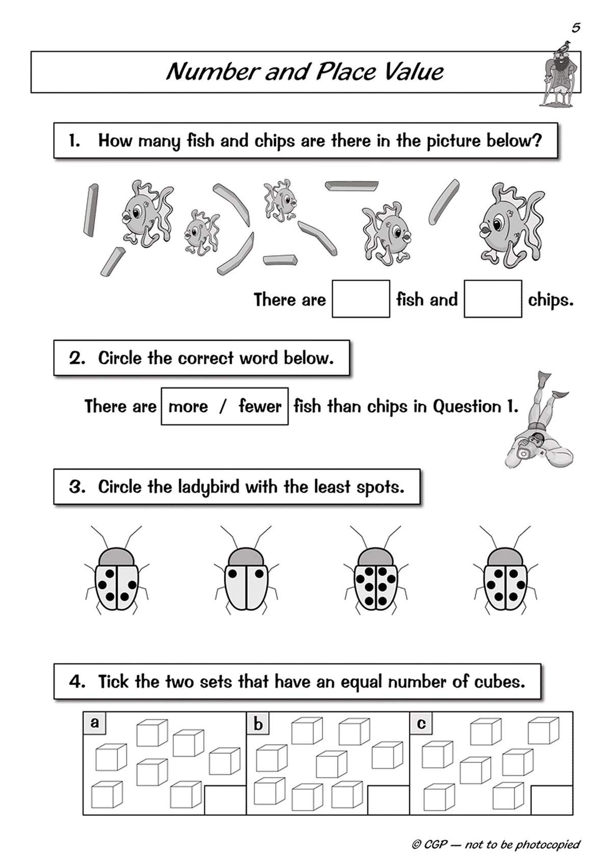 Four questions on counting fish and chips, circling the ladybird with the fewest spots, and ticking sets with equal cubes
