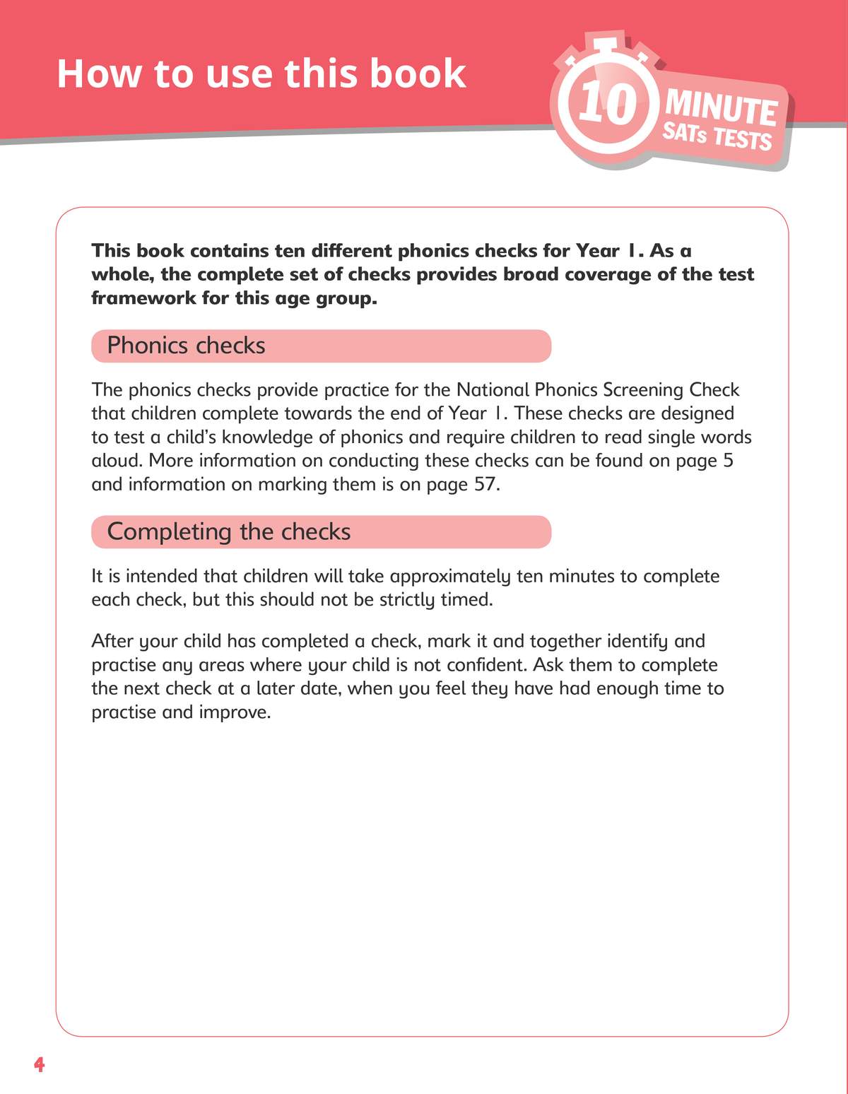 Instructions on how to use the ten phonics checks, including timing and marking advice for parents