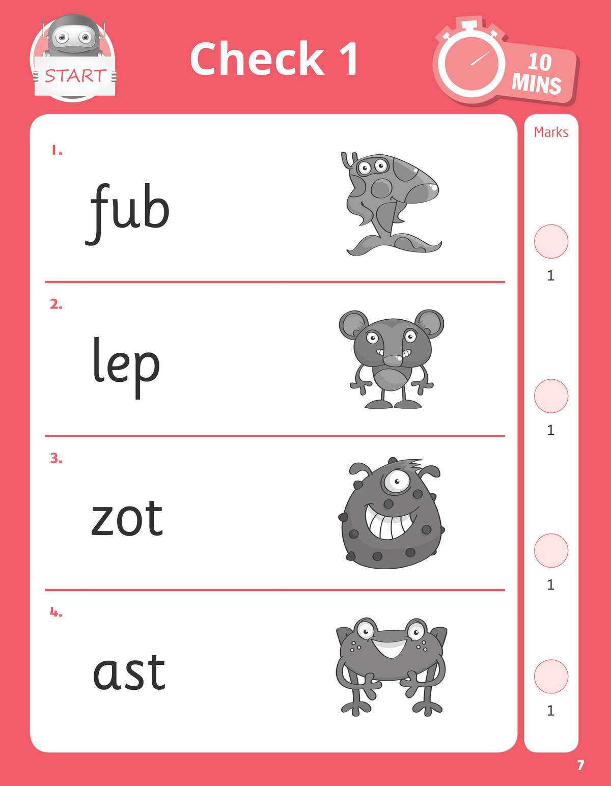 Children circle the correct picture for each phonics blend in a timed 10-minute test