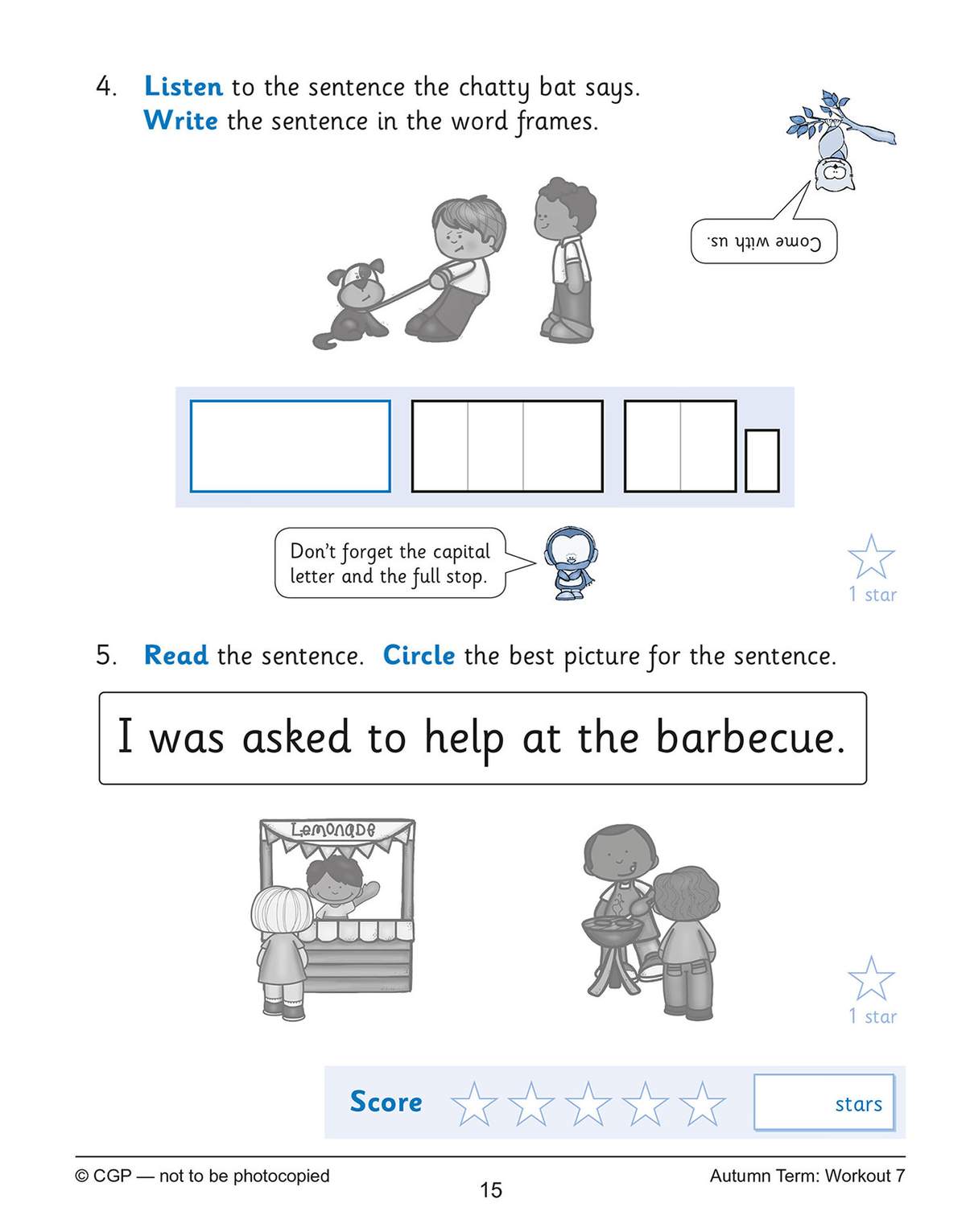 Children write a sentence in word frames after listening to a bat, then circle the best picture for a given sentence