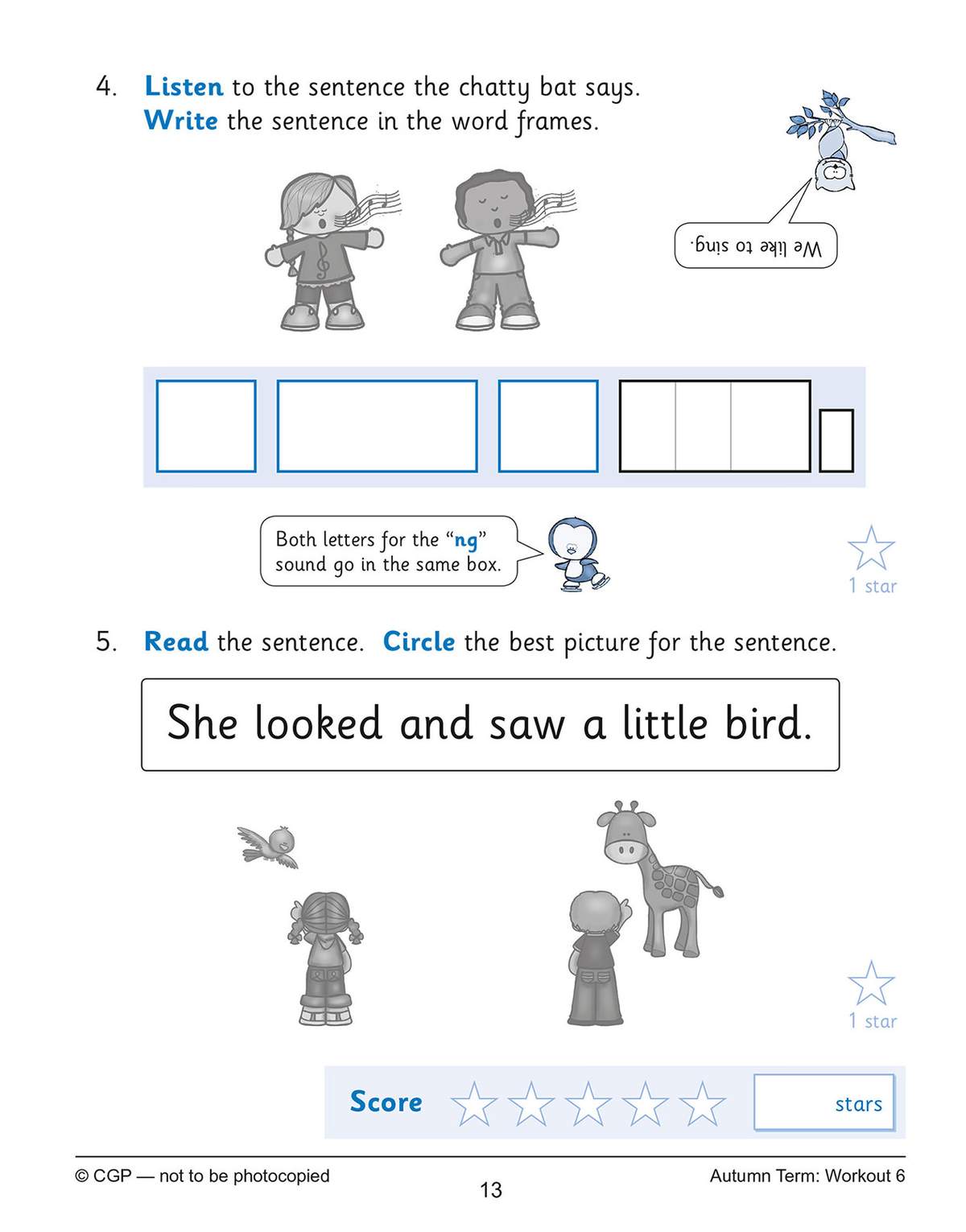 Children listen to a sentence, write it in boxes, then circle the matching picture to practise phonics and reading