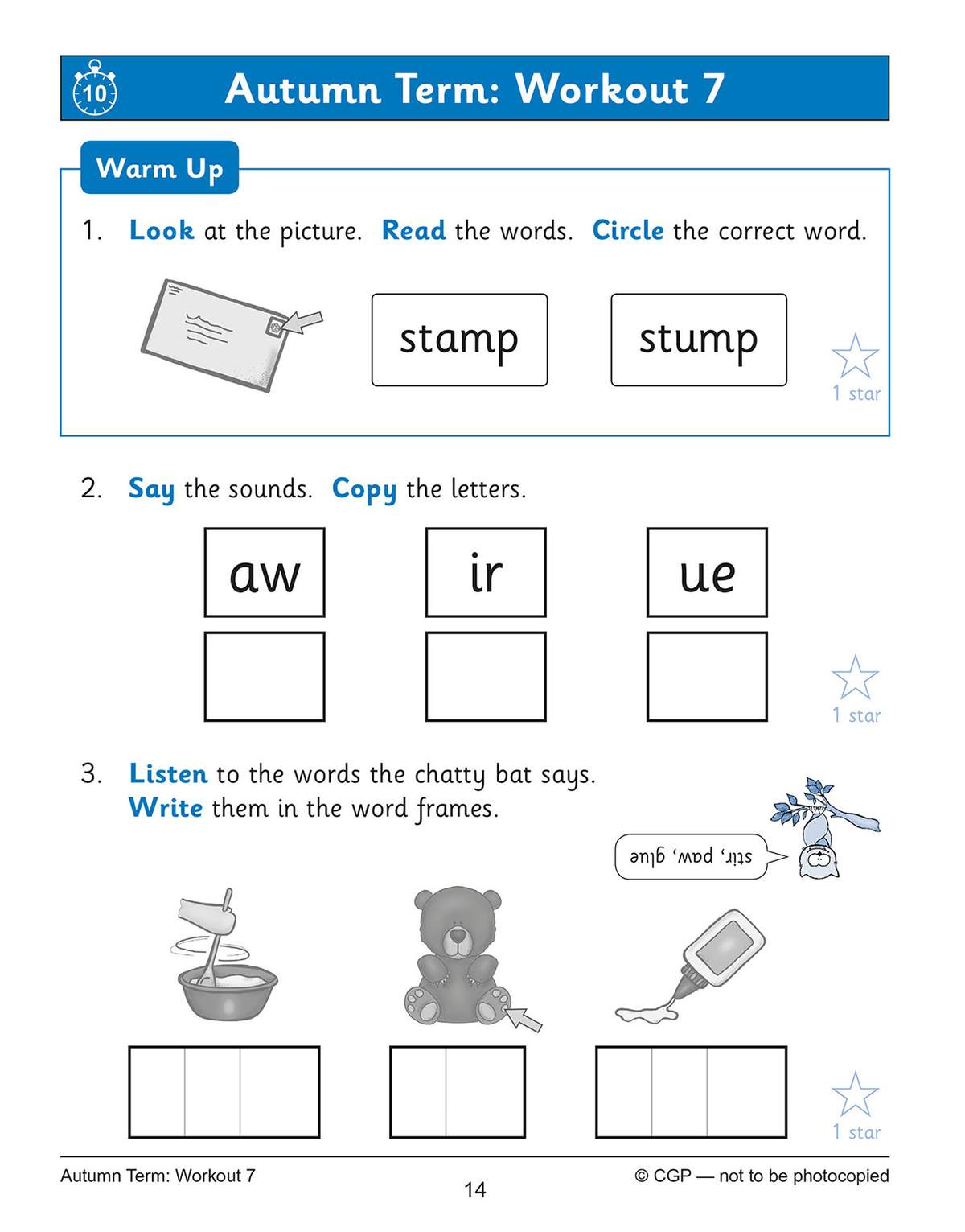 Children circle the correct word, copy sounds, and write words from a bat's speech bubbles