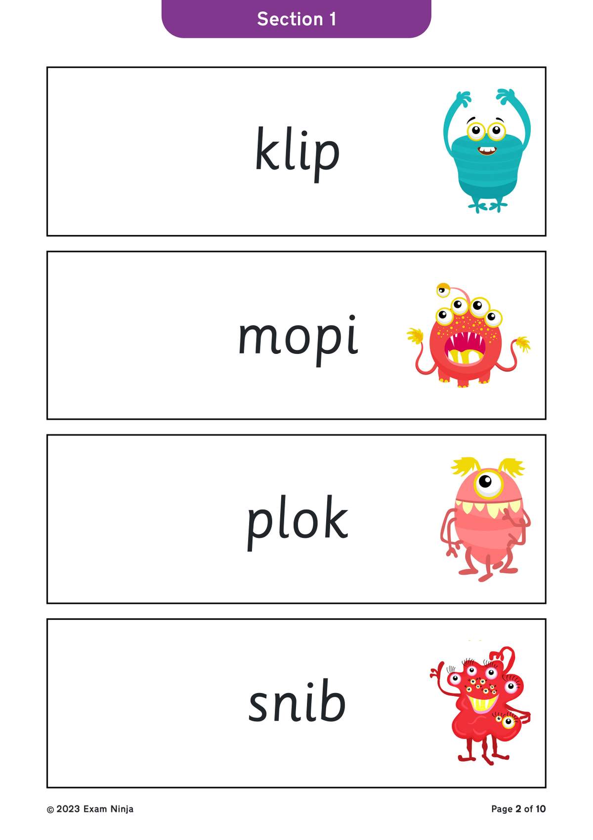 Four phonics words are shown with matching cartoon monsters to help children link sounds to letters