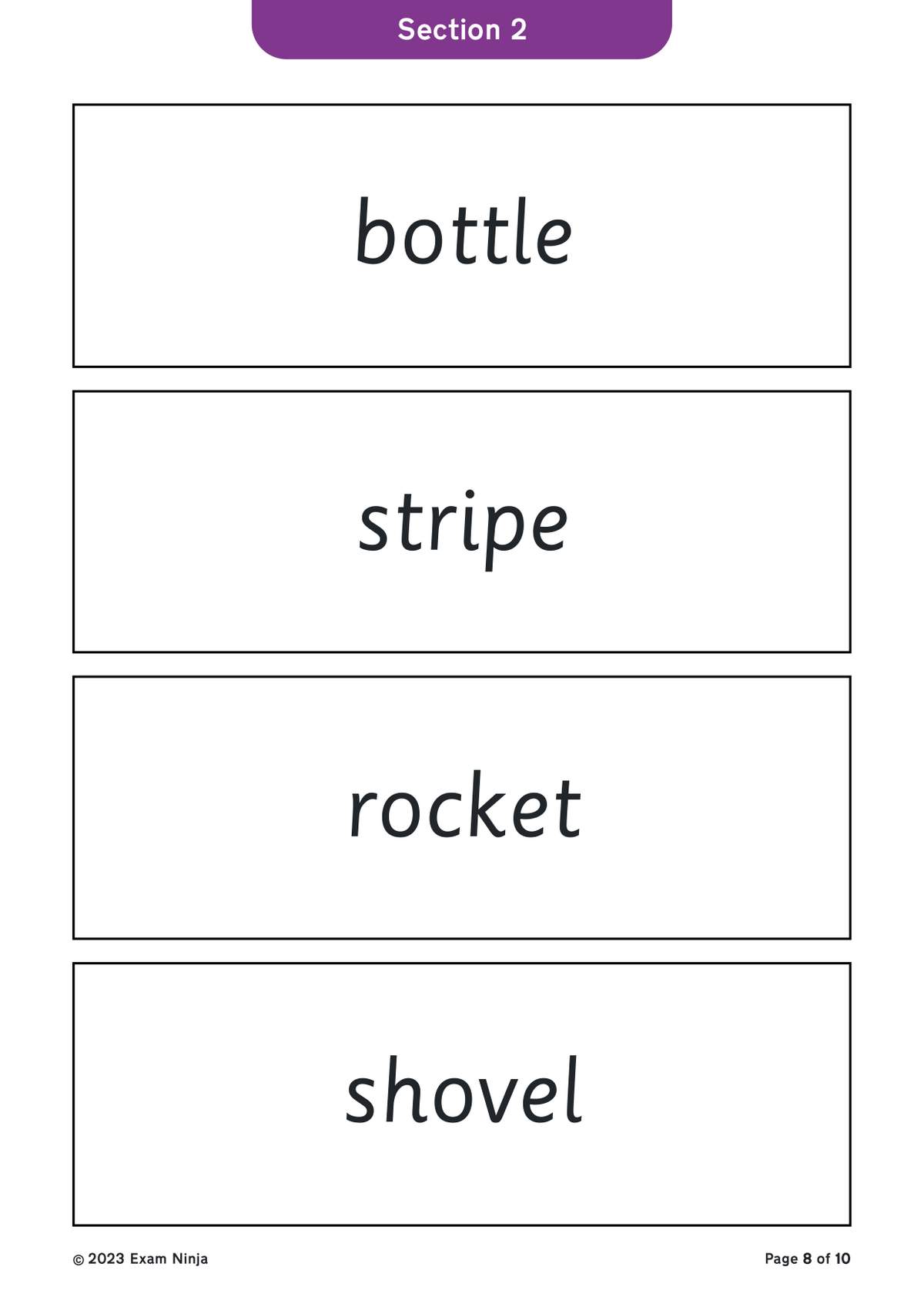 A word card page showing four phonics words in boxes for children to read and recognise