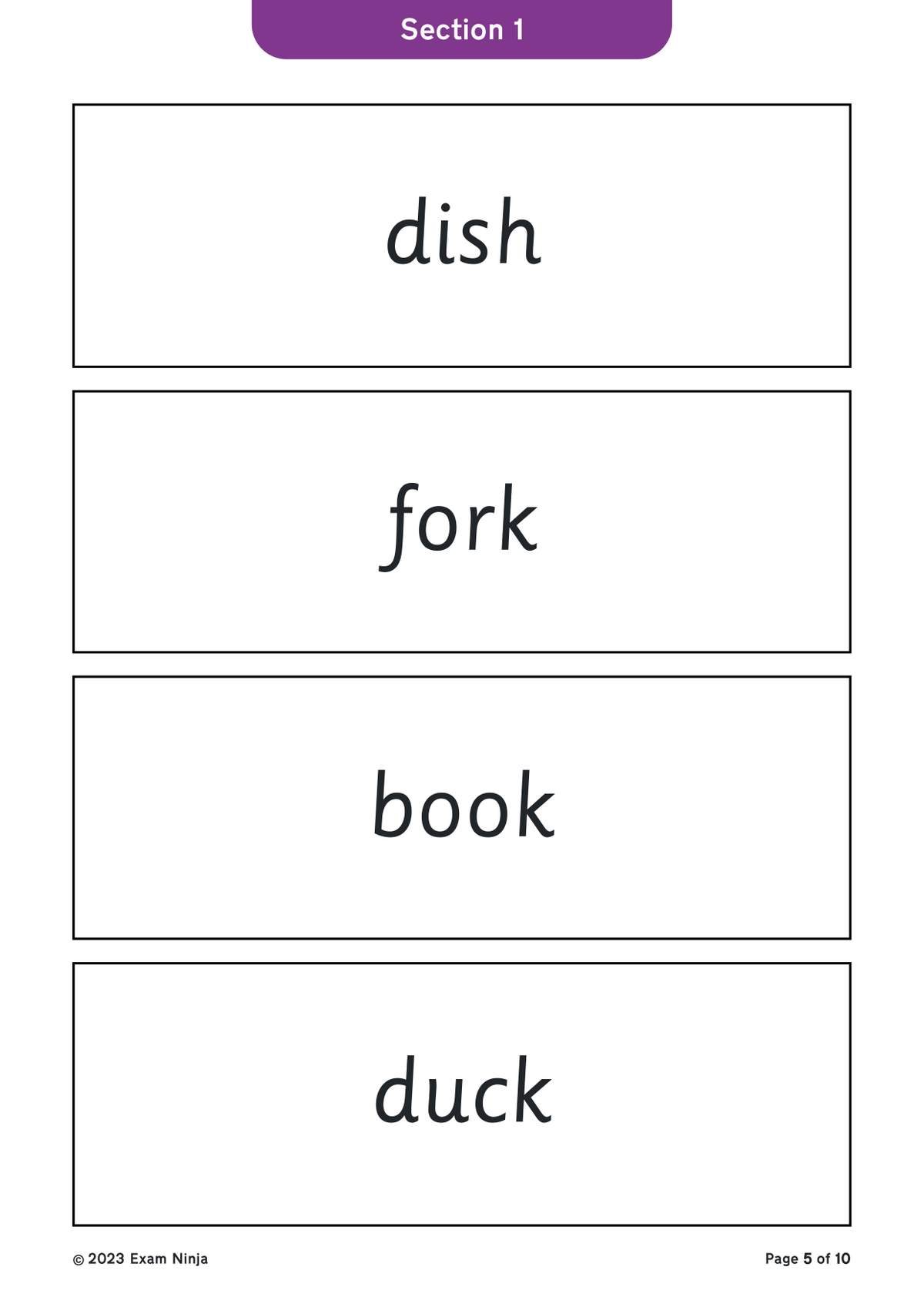 Four CVC words are presented in boxes for the child to trace or copy, building handwriting and word recognition