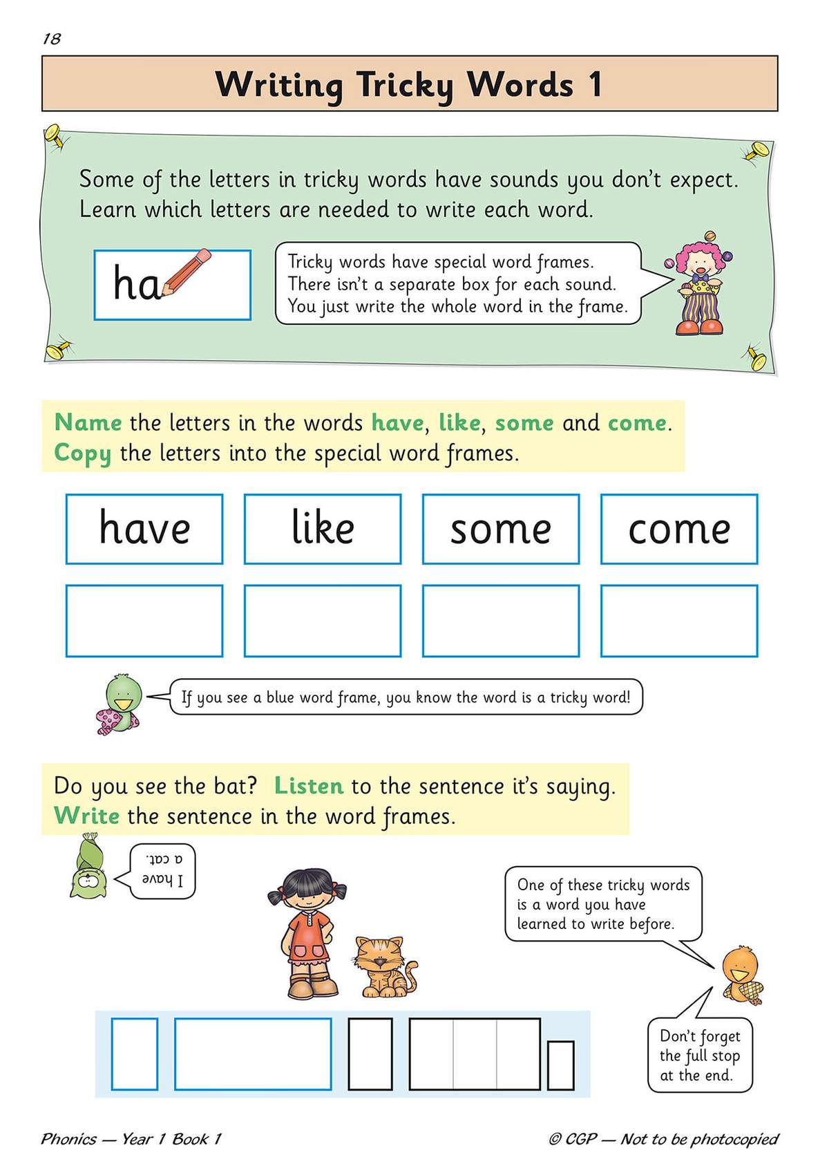 Children name letters in tricky words, copy them into frames, and write a sentence from a bat's speech bubble