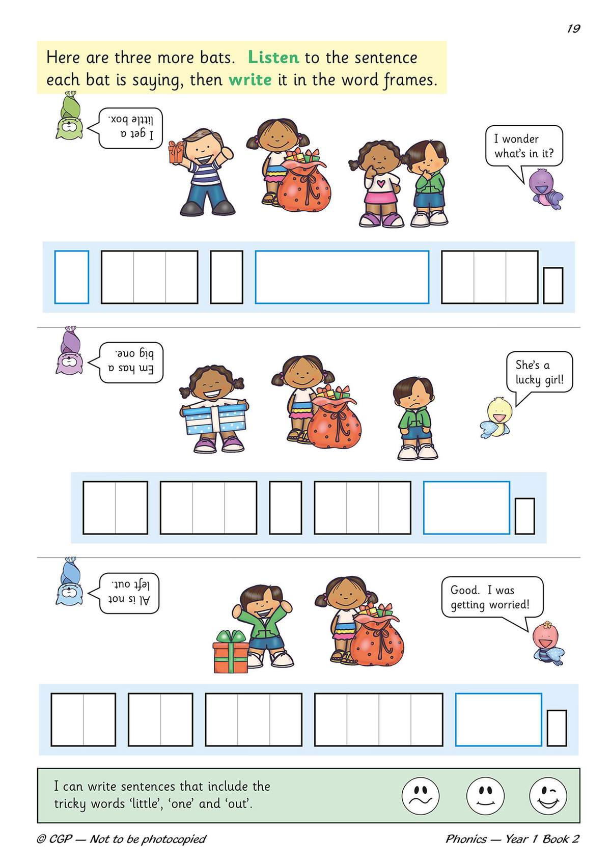 Children listen to sentences spoken by cartoon bats and write them in word frames to practise tricky words