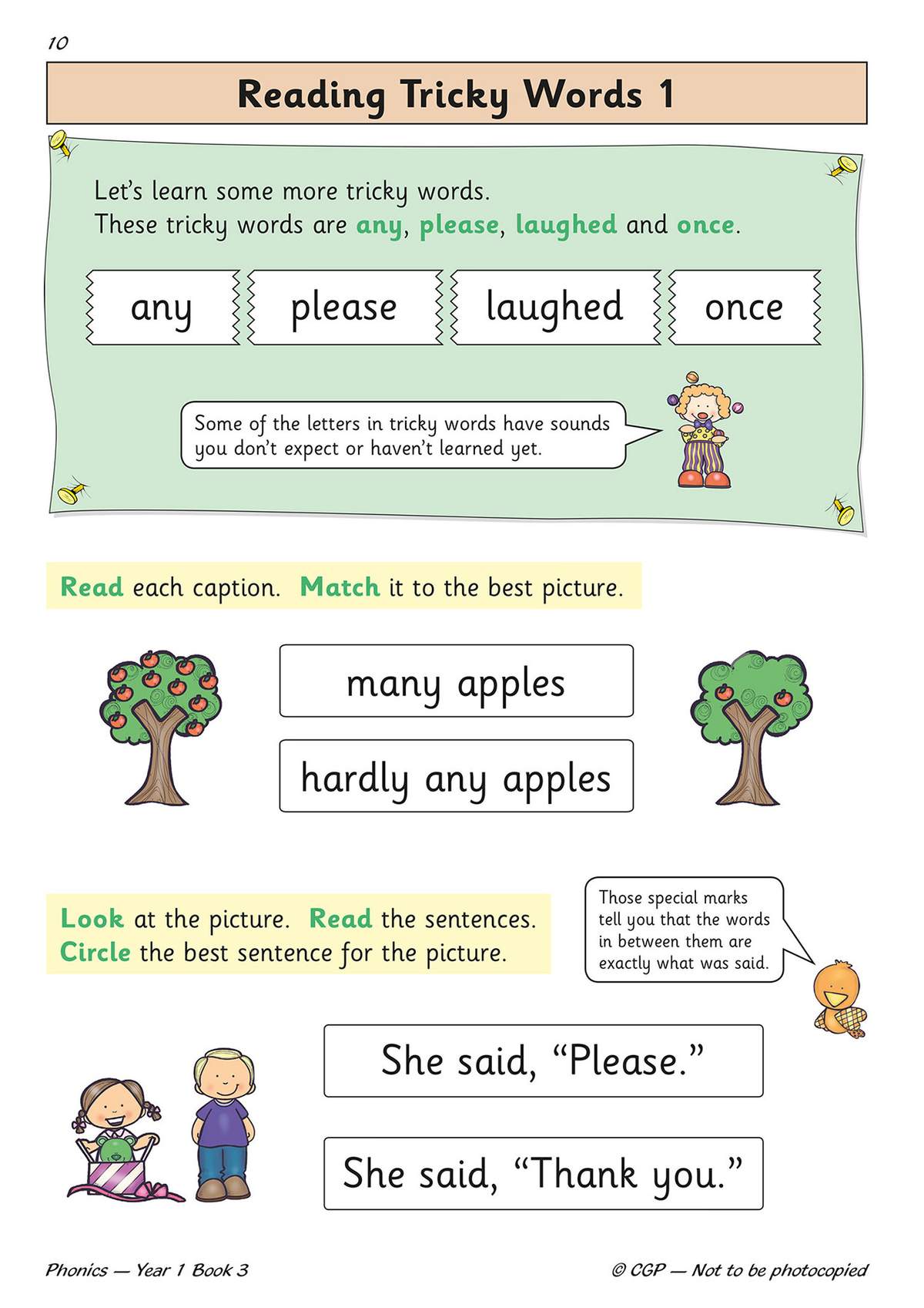Children match captions to pictures, circle the best sentence, and learn tricky words like 'any' and 'please'