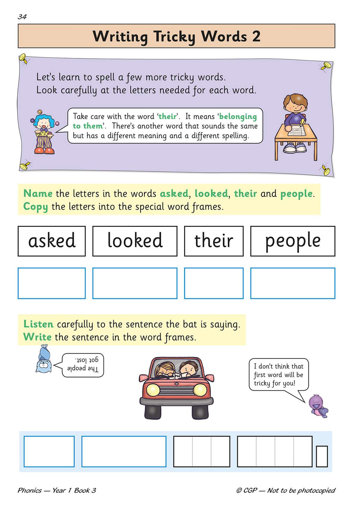 Children copy four tricky words into frames, then write a sentence from a cartoon bat, practising spelling and handwriting