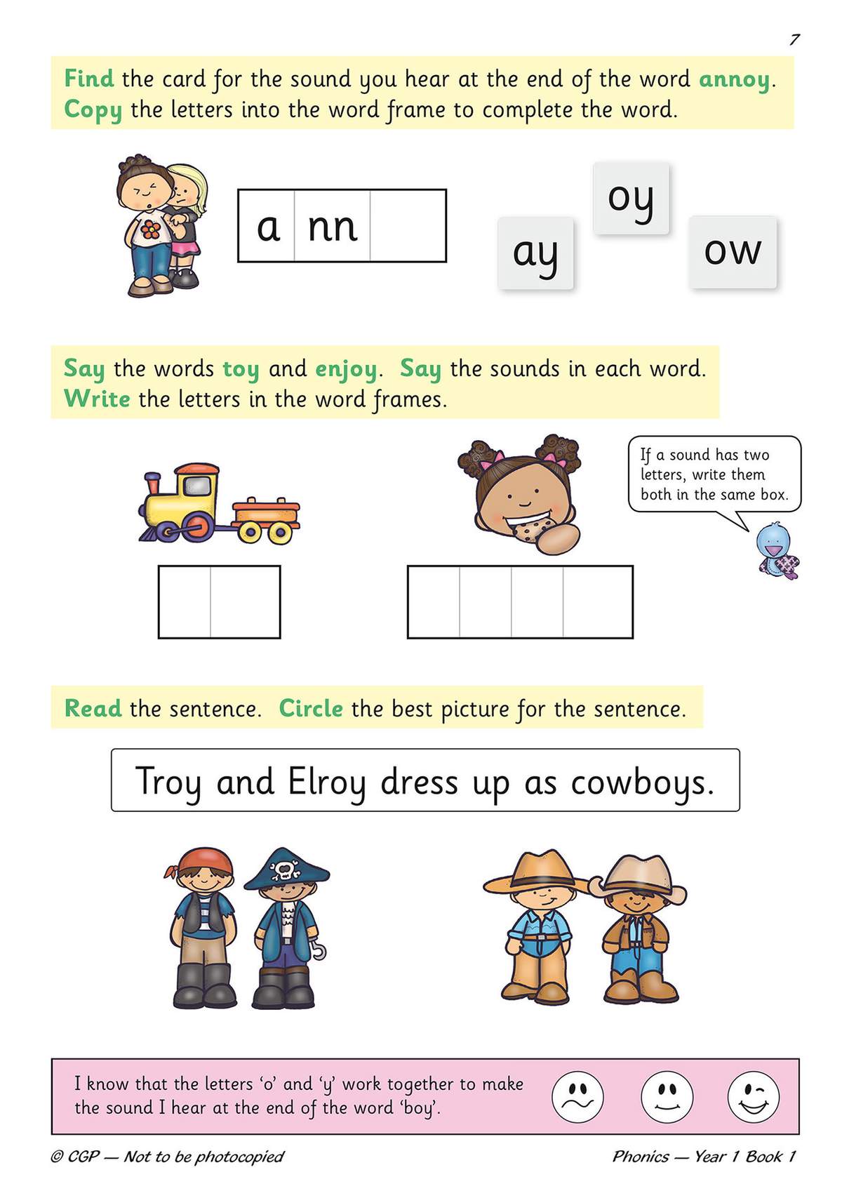 Children identify the oy sound, write words in frames, circle the correct picture for a sentence